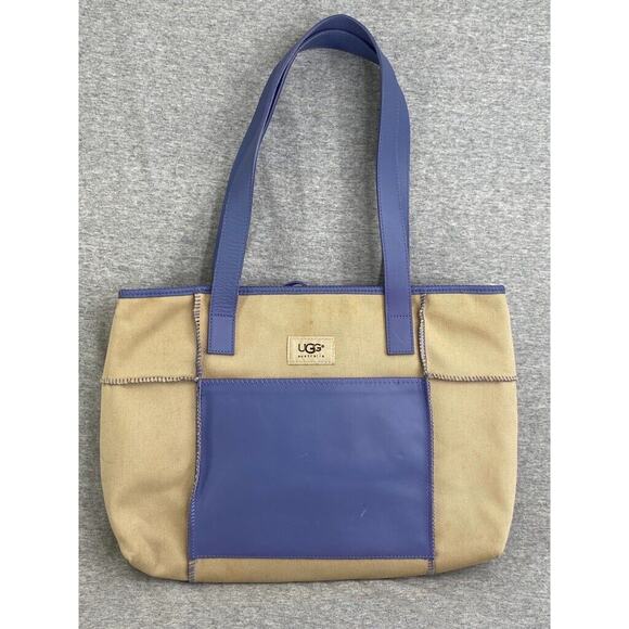 Ugg Australia Tote Womens Leather Canvas Khaki Purple Grab Shopping Bag Purse - Picture 1 of 14